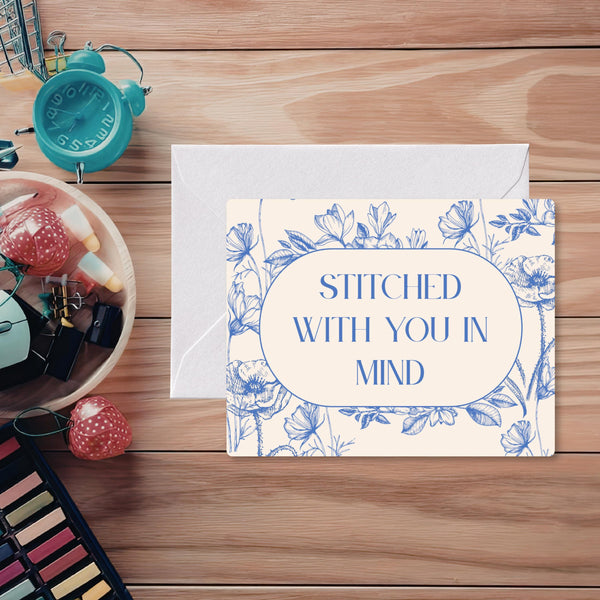 Needlepoint Thinking of You Card | "Stitched With You in Mind" | Blue Floral Friendship Card | Gift for Needlepointer | Blank Inside