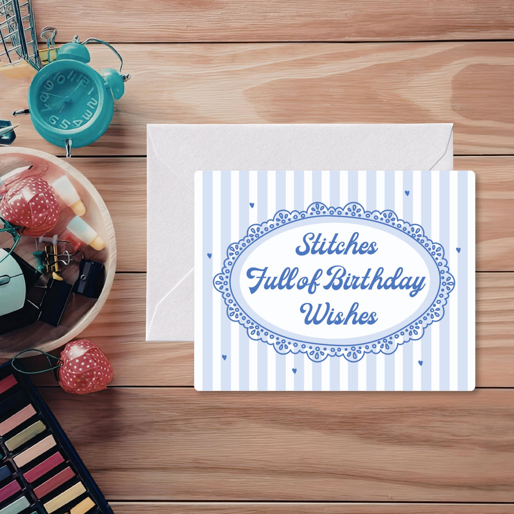 Needlepoint Birthday Card | "Stitches Full of Birthday Wishes" | Blue Floral Stitching Card | Birthday Card for Needlepointer