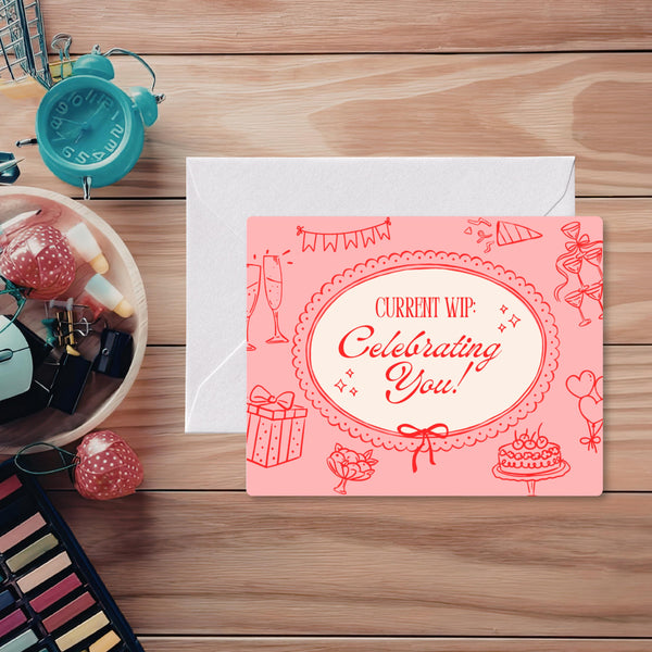 Funny Needlepoint Congratulations Card | "Current WIP: Celebrating You" | Card for Stitcher | Needlepoint Lover Greeting Card